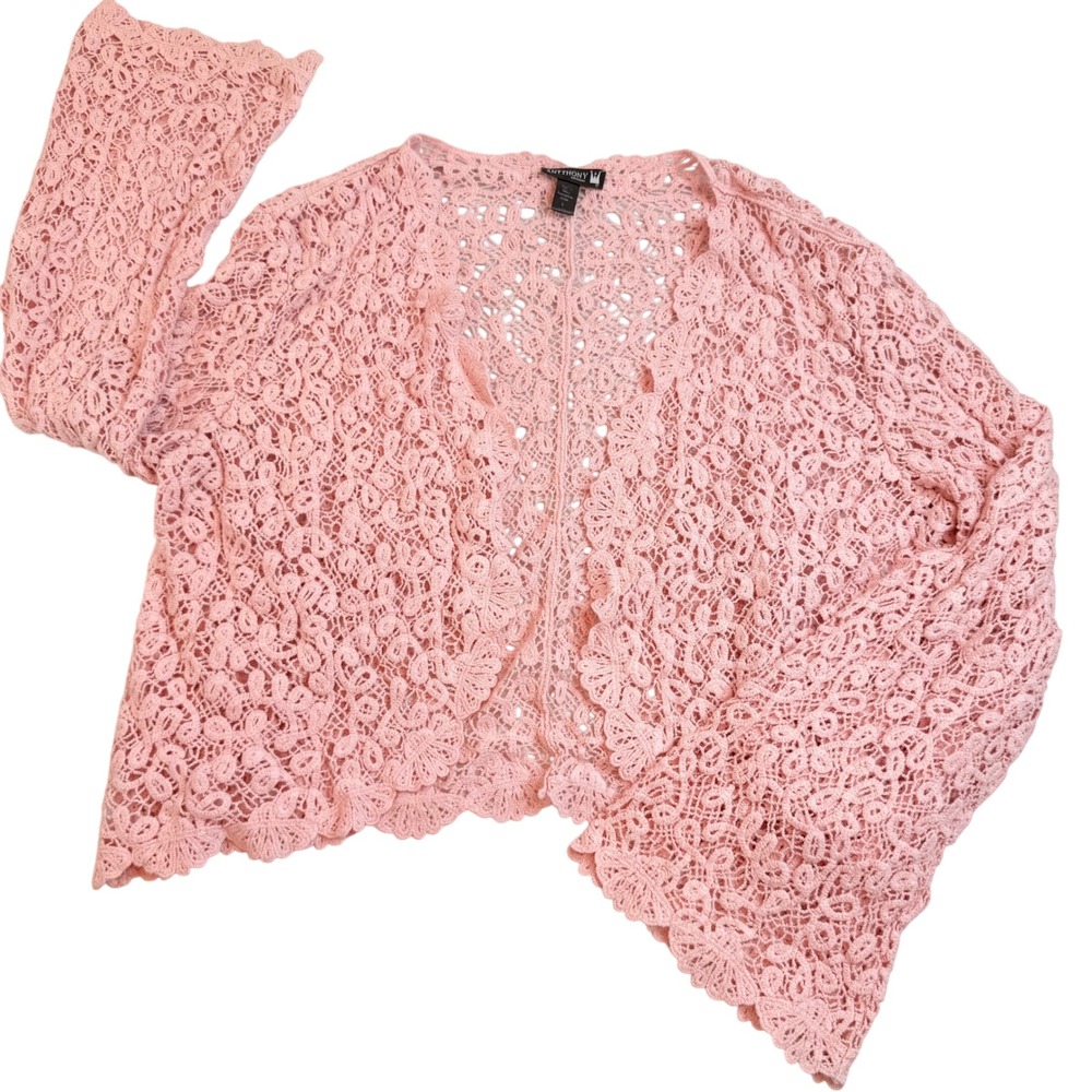 Antthony Original Pink Floral Lace Crochet Cardigan Bell Sleeve Cotton Large